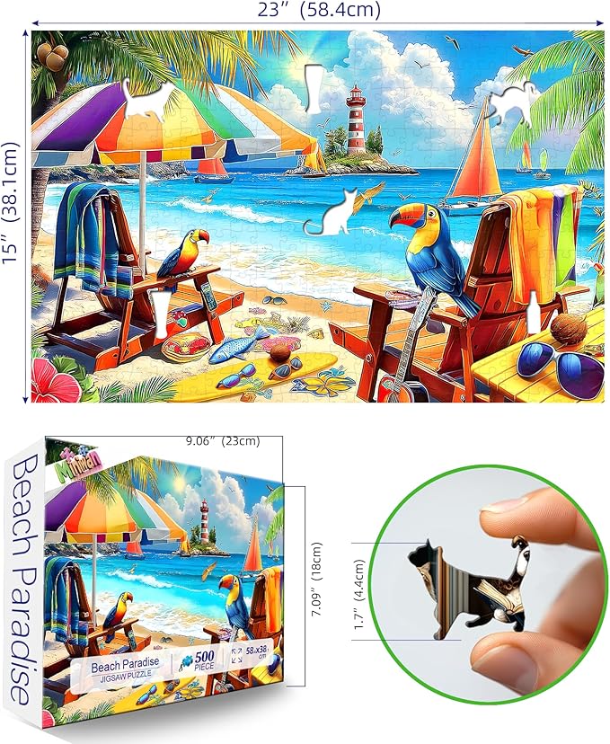 MINIWAN 500 Piece Puzzles for Adults - Tropical Beach Toucan Jigsaw Puzzle, 23x15 Inches with Unique Irregular Shaped Pieces for Relaxation & Home Wall Decor