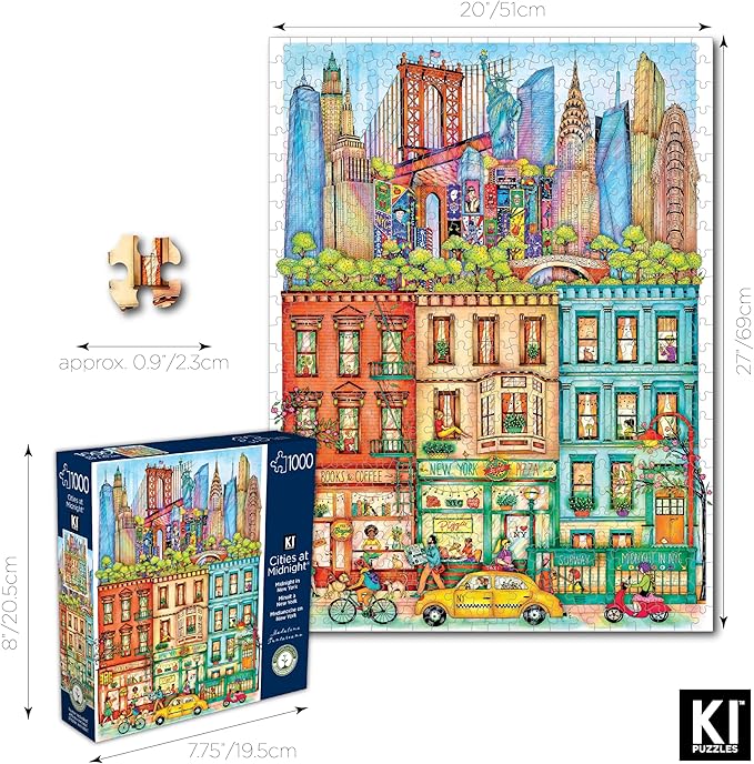 Hard & Challenging 1000 Piece Puzzle for Adults – Cities at Midnight New York by Madalina Tantareanu – Empire State Building, Statue of Liberty & Brooklyn Bridge – Difficult 27x20 Jigsaw by KI Puzzles