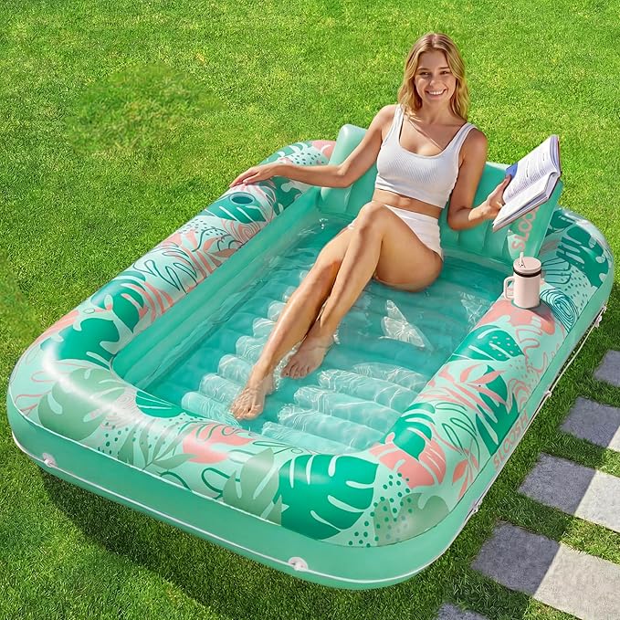 SLOOSH Inflatable Tanning Pool Lounger Float, 70" x 46" Pool Floats Adult with Pillow, 4 in 1 Suntan Tub Raft Floatie,Sunbathing Bed Lounge for Water Blow Up Ball Pit Party Gifts, L-Aqua Blue