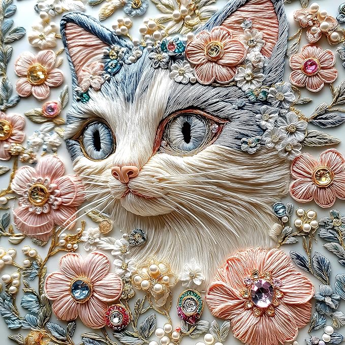 MINIWAN 500 Piece Puzzles for Adults, Exquisite Embroidered Floral Cat with Gems Pearls Jigsaw Puzzle, Challenging Large Piece Art Puzzle Home Wall Decor Gift for Cat Lovers Women 20x20 Inches