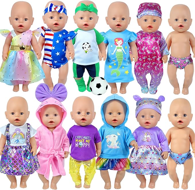 WONDOLL 12 Sets 14-16-Inch-Baby-Doll-Clothes-Outfits Dress Headbands Accessories Compatible with 43cm New Born-Baby-Doll, 15-inch-Baby-Doll（no Doll