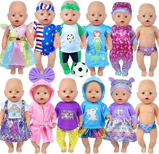 WONDOLL 12 Sets 14-16-Inch-Baby-Doll-Clothes-Outfits Dress Headbands Accessories Compatible with 43cm New Born-Baby-Doll, 15-inch-Baby-Doll（no Doll