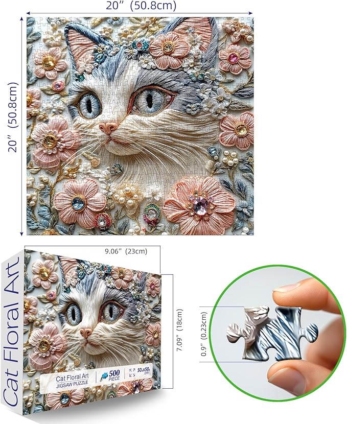 MINIWAN 500 Piece Puzzles for Adults, Exquisite Embroidered Floral Cat with Gems Pearls Jigsaw Puzzle, Challenging Large Piece Art Puzzle Home Wall Decor Gift for Cat Lovers Women 20x20 Inches
