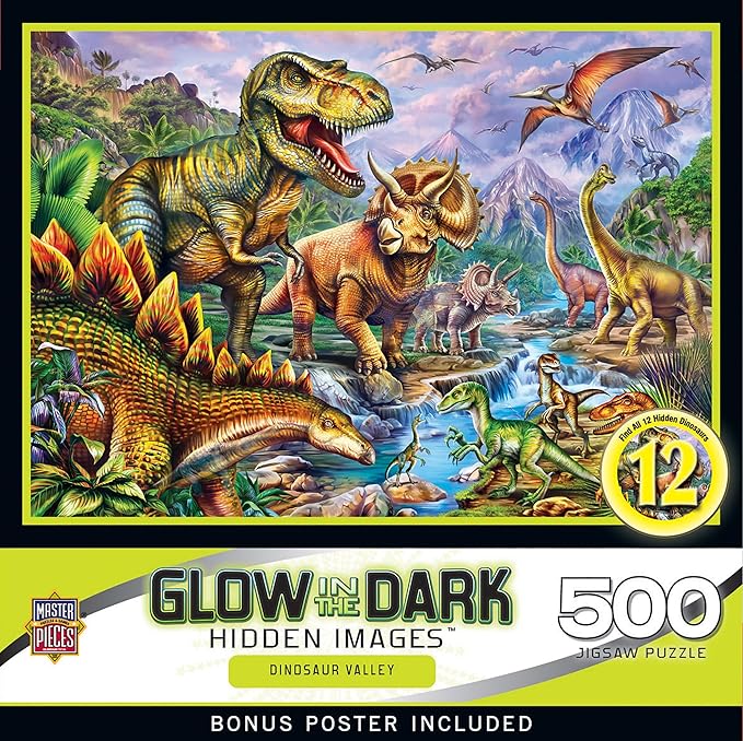 MasterPieces - 500 Piece Jigsaw Puzzle, Glows in The Dark, Hidden Images, Dinosaur Valley, Fun for Adults, Family, Kids, 15" x 21"