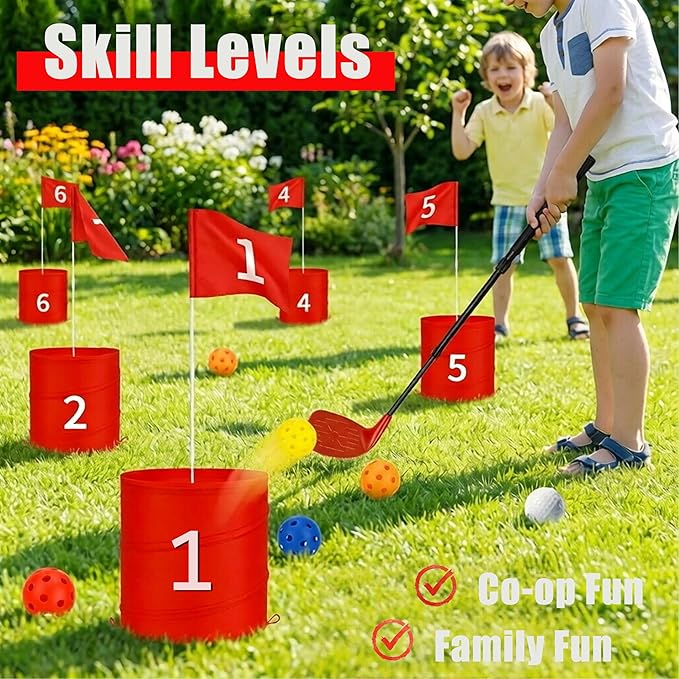 Premium Backyard Golf Game Set – Ultimate 6-Hole Outdoor Course with 2 Upgraded Adjustable Clubs, 12 Practice Balls & Carry Bag – Fun Lawn & Tailgate Games for Adults, Family, Camping