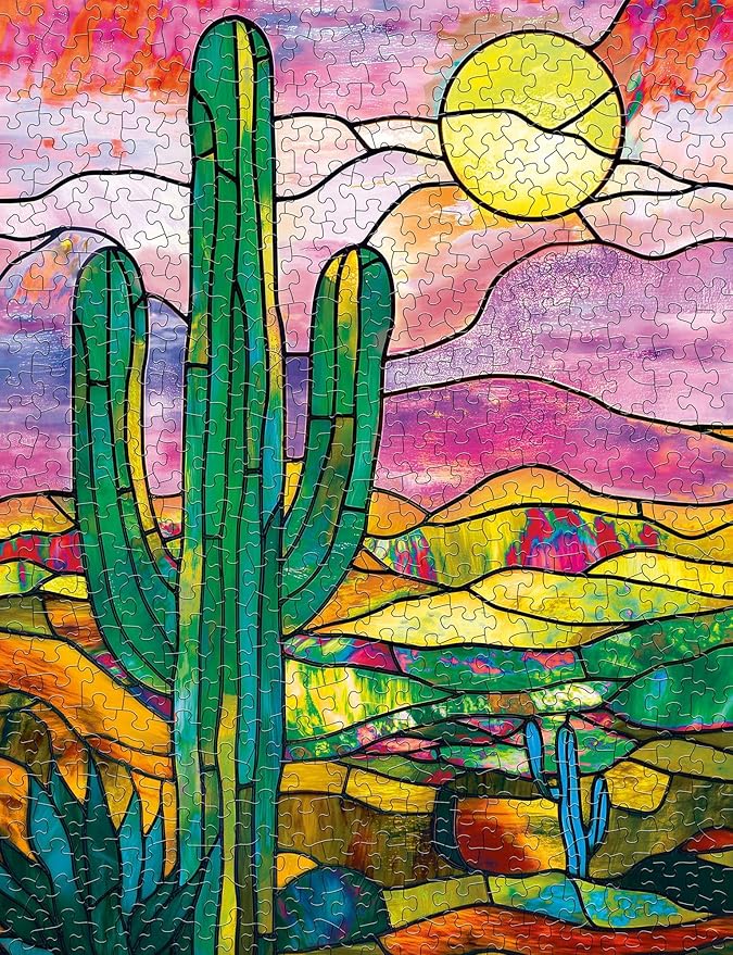 Springbok Desert Glow 500 Piece Jigsaw Puzzle for Adults - Stained Glass Cactus - Unique Cut Pieces - Made in USA