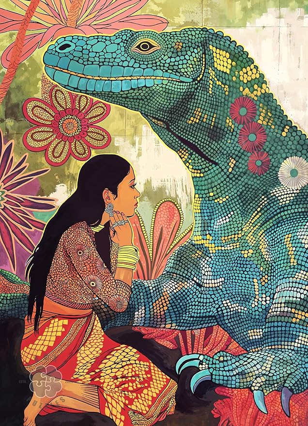 Komodo's Silent Blessing - 1000 Piece Jigsaw Puzzle for Adults | Spiritual Puzzle of Woman and Komodo Dragon | Nature & Animal Lovers