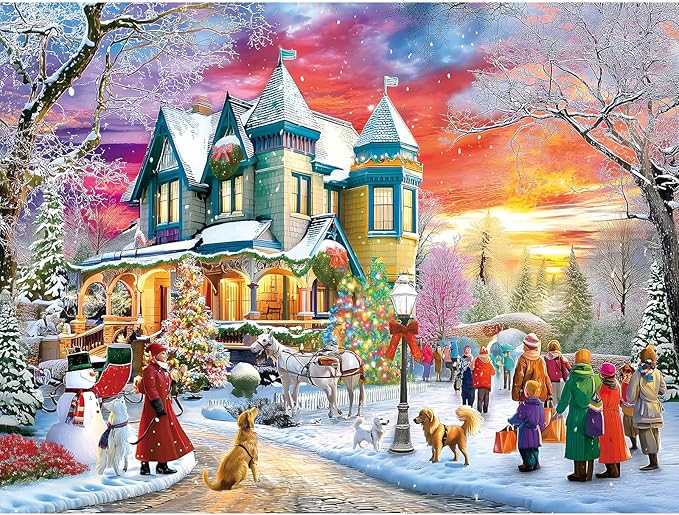 1000 Piece Christmas Puzzle for Adults, Sunset Villa and Dog Winter Landscape Jigsaw Puzzle Challenging Game Holiday Party Family Fun Decor, 27.5 x 19.7 inch