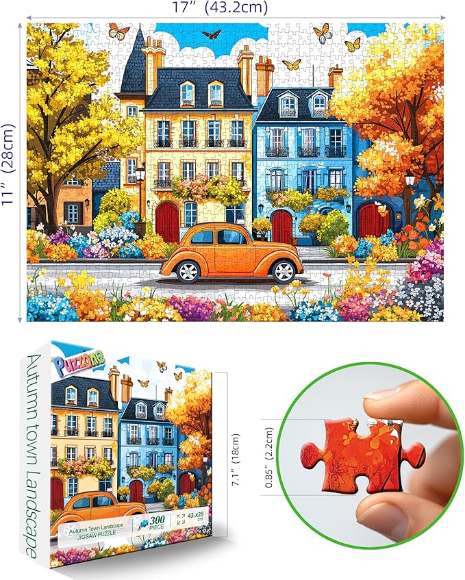 Autumn Town 300 Pieces Puzzle for Adults Colorful Houses Beautiful Fall Scenery Jigsaw Puzzles with Foliage, Butterflies, and Blooms Letters on Back Family Senior Challenge Game Night