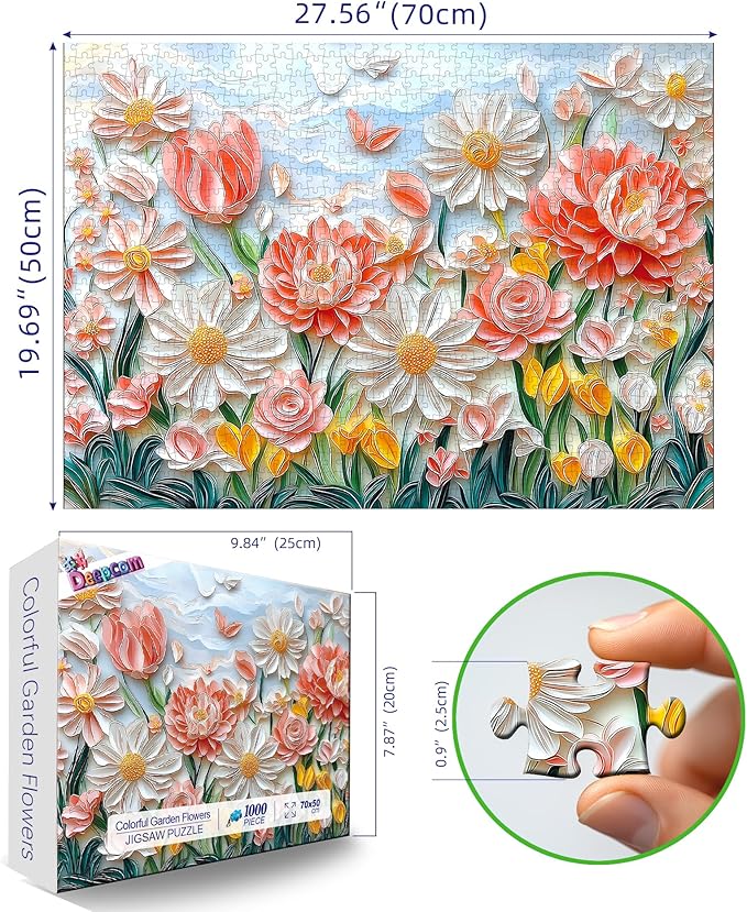 1000 Piece Flower Jigsaw Puzzle for Adults - Wildflower Floral Cute Spring Garden Puzzle with Peonies, Daisies & Butterflies, Pretty Art Puzzle for Family Game Night, Stress Relief & Home Decor