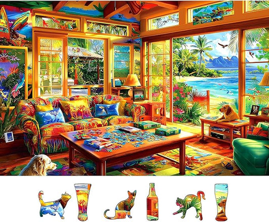 Tropical Living Room 1000 Piece Jigsaw Puzzle for Adults Beach View Scene Vibrant Palm Trees and Ocean Scenery Adult Puzzles 1000 Pieces Games Gift for Game Night (27.6"x19.7")
