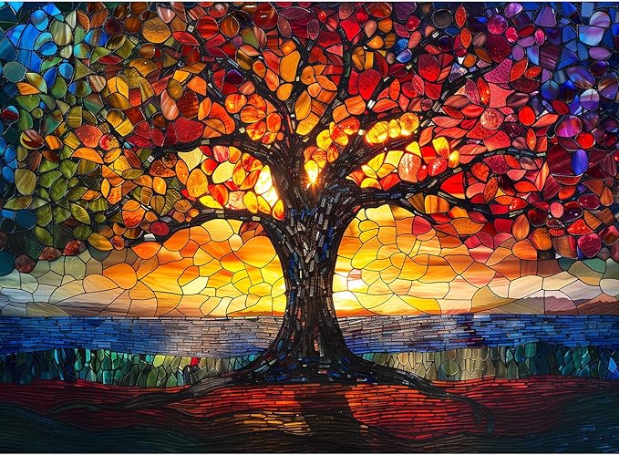 Stained Glass Puzzle, Glass Tree Puzzles for Adults 300 Pieces, Stained Tree of Life Puzzle 300 Pieces, Creative Games and Holiday Party Gifts, Fun and Challenging Family Games, 20.5 x 15 inches