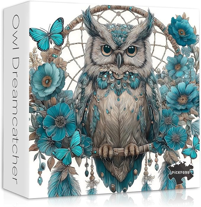 Owl Puzzles Adults 1000 Pieces, PICKFORU Owl Dreamcatcher Jigsaw Puzzle Floral Art Puzzles, Blue Butterfly Flower Animal Puzzle Adults Challenge