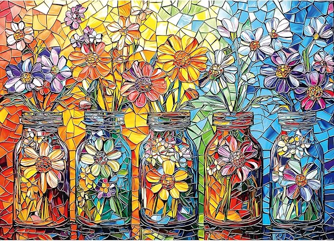 Puzzles for Adults 1000 Pieces, Stained Glass Wildflowers, Colorful Mosaic Jigsaw Puzzle 1000 Pieces, Challenging Puzzles for Adults Art Wall Decor for Family Games Gift, 27.5 x 19.7 inch