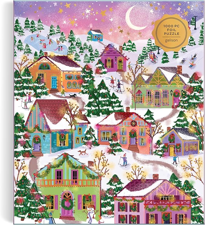 Galison Snowcap Village – 1000 Piece Foil Joy Laforme Jigsaw Puzzle Featuring Beautiful Artwork of Snowcapped Village During Christmas