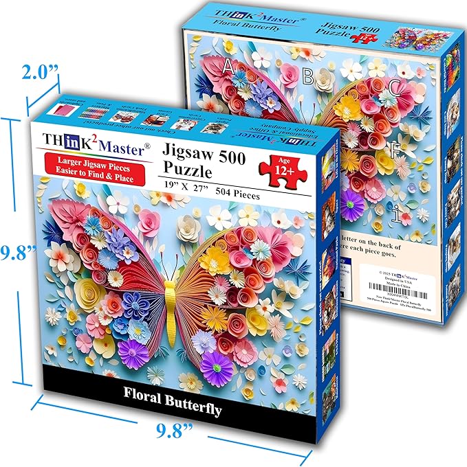 Think2Master Colorful Vibrant Flower Butterfly 500 Pieces Large Format Jigsaw Puzzle: 13+, Teens, Adults & Families. Paper Art High Resolution. Great Gift. Size: 26.8” X 18.9”
