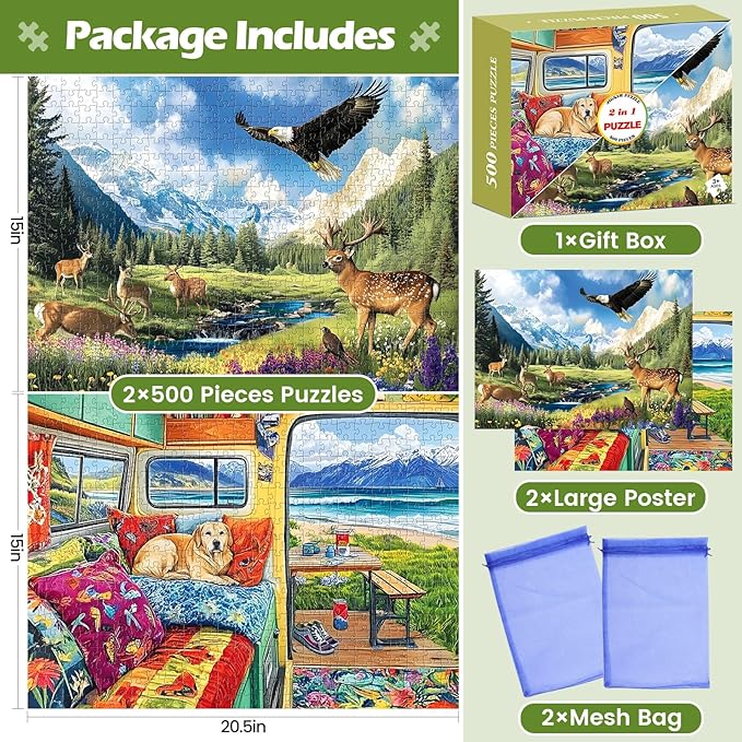 2 Pack 500 Pieces Puzzle for Adults,Grassland Snow Mountain Scenery Puzzles,Deer Jigsaw Puzzles 500 Pieces,RV Travel Puzzles 500 Piece Adult Puzzle Challenging Family Activity Great Gift