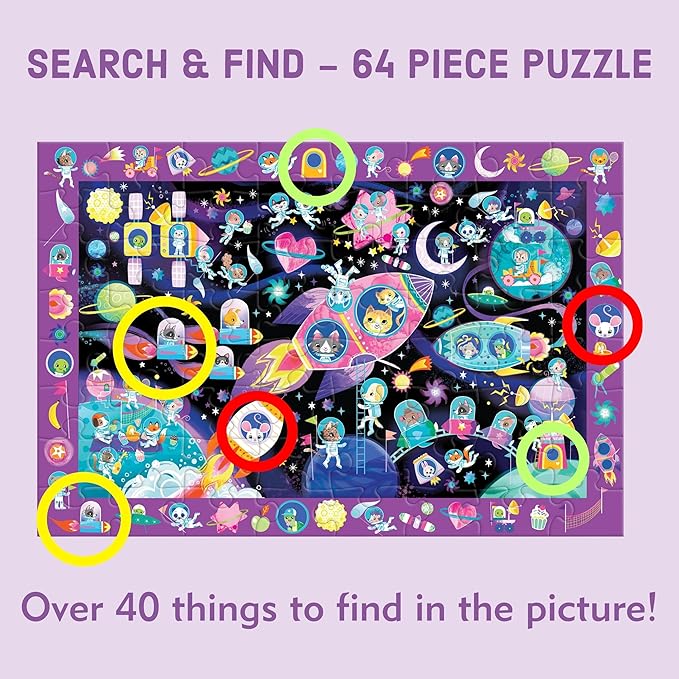 Mudpuppy Cosmic Dreams – 64 Piece Search & Find Jigsaw Puzzle Featuring Cats in A Whimsical Outer Space Wonderland and Over 40 Hidden Images to Find