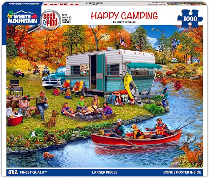 White Mountain 1000 Piece Jigsaw Puzzle Autumn and Fall Lake Puzzles with Large Pieces Gift for Adults and Family 24"x30" - Happy Camping - Seek & Find