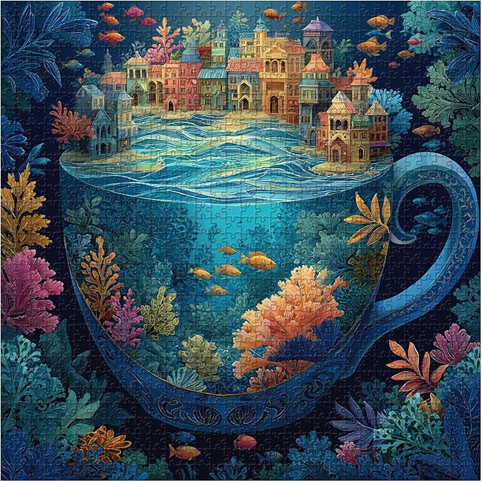 PICKFORU Ocean City for Adults 1000 Pieces, Colorful Fantasy Cup Jigsaw Puzzles Coral Fish, Difficult Challenging Sea Landscape Theme as House Decor