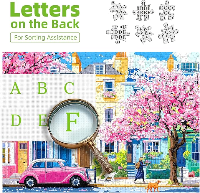Puzzles for Adults 1000 Pieces Urban Cherry Blossom Spring Street and Pink Vintage Car Art Jigsaw Puzzle for Family Fun Challenging, Party Game Gifts Decoration (27.5" x 19.7")