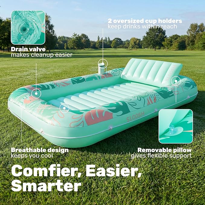 SLOOSH Inflatable Tanning Pool Lounger Float, 85" x 57" Pool Floats Adult with Pillow, 4 in 1 Suntan Tub Raft Floatie,Sunbathing Bed Lounge for Water Blow Up Ball Pit Party Gifts, L-Aqua Blue