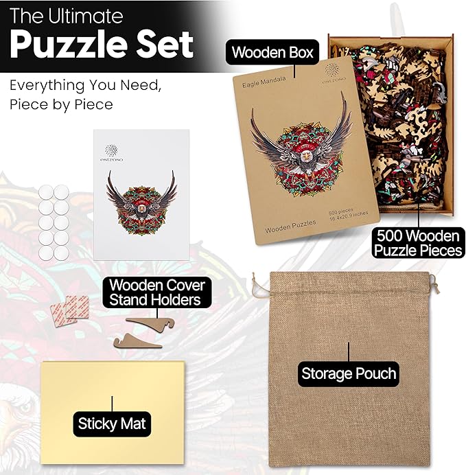 ESTROSO Wooden Puzzles for Adults - Bald Eagle Mandala 500 Piece Wooden Jigsaw Puzzle - 20.9x16.4 Inches - Giftable Wooden Box and Carrying Bag - Challenging Wooden Jigsaw Puzzles