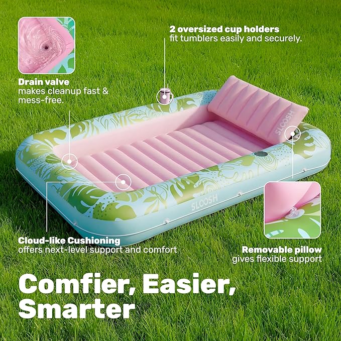 SLOOSH Inflatable Tanning Pool Lounger Float, 70" x 46" Pool Floats Adult with Pillow, 4 in 1 Suntan Tub Raft Floatie,Sunbathing Bed Lounge for Water Blow Up Kids Ball Pit Party Gifts, L-Cyan Pink