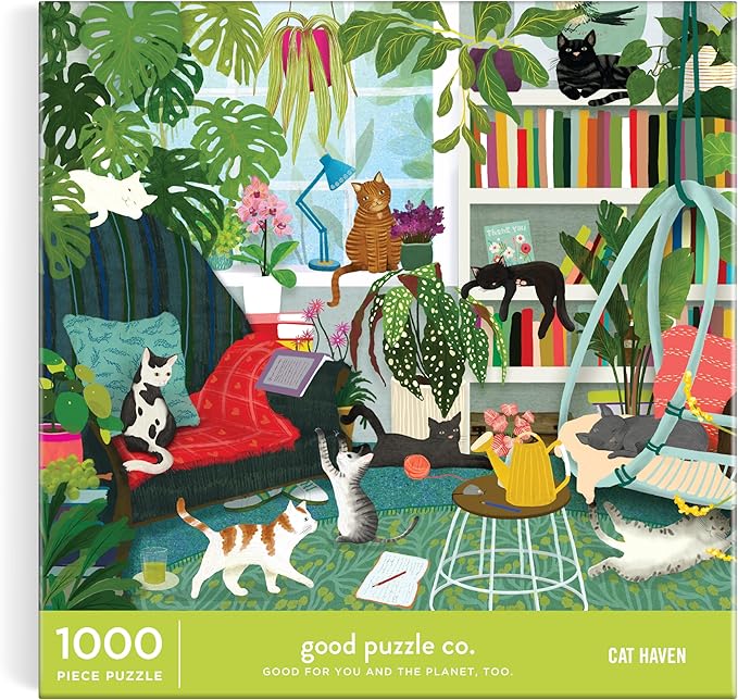 Good Puzzle Co Cat Haven – 1000 Piece Jigsaw Puzzle Featuring Beautiful Artwork of A Chic Bookshelf Surrounded by Adorable Cats