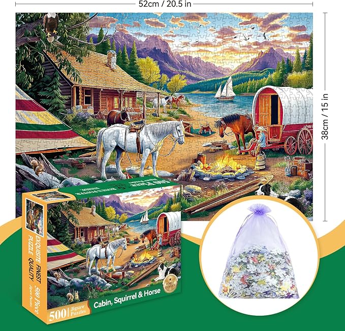 Jigsaw Puzzle, 500 Piece Jigsaw Puzzle for Adults Kids, Lakeside Camping Horse Dog Puzzle 500 Pieces, Birthday for Family Game Nights, Finished Size 20.5 x 15 in