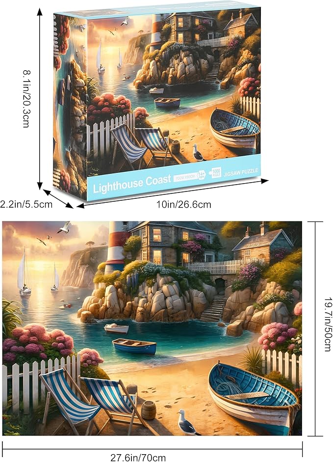 Rocorose 1000 Piece Puzzle for Adults, Lighthouse Coast Jigsaw Puzzles for Family, Beach Landscape Puzzles Sunrise Sunset for Game Night Fun Activity
