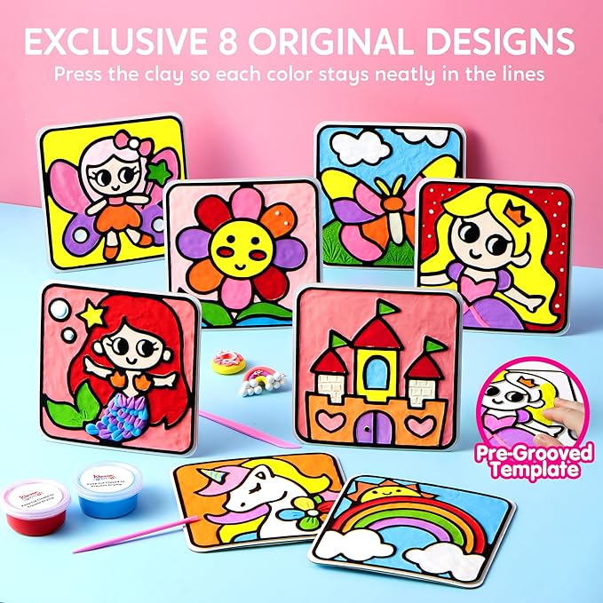 JOVA Klever Kits Air Dry Clay Painting, Air Clay Kit for Kids, 8 Pre-grooved Filling and Original Designed Boards, Easy Play and Non Toxic Material, Arts and Crafts for Kids Age 4-9