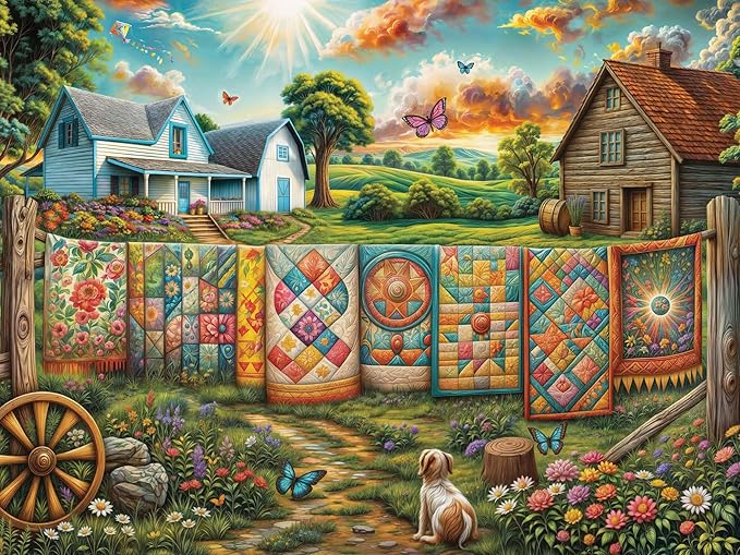 Crown Point Graphics Spirit of The Rainbow 500 Piece Puzzle, Farmhouse Quilt Art Country Scene Jigsaw, Soft Touch Texture with Poster