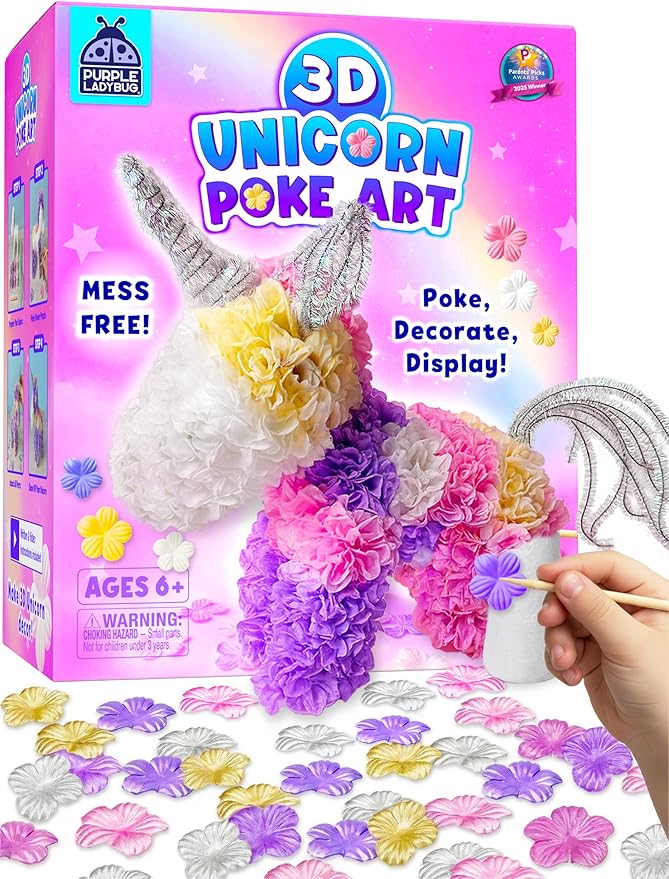 PURPLE LADYBUG Unicorn Poke Art Kit - 3D DIY Foam Figurine Craft Set, Mess-Free Floral Decorating Toy, Creative Art Activity for Kids Ages 4-10 - Giftable Craft Kit for Girls