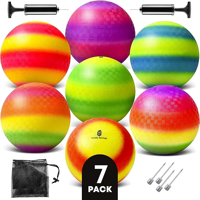 Pack of 7 with 2 Pumps & 4 Pins, Bouncy Balls for Kids –Dodgeball Set 8.5 Inch Playground Balls – Colored Official Size for Dodge Balls, Kickball, Handball, Camps and Schools