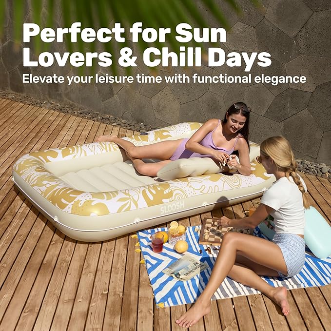 SLOOSH Inflatable Tanning Pool Lounger Float, 70" x 46" Pool Floats Adult with Pillow, 4 in 1 Suntan Tub Raft Floatie,Sunbathing Bed Lounge for Water Blow Up Kids Ball Pit Party Gifts, L-Golden White