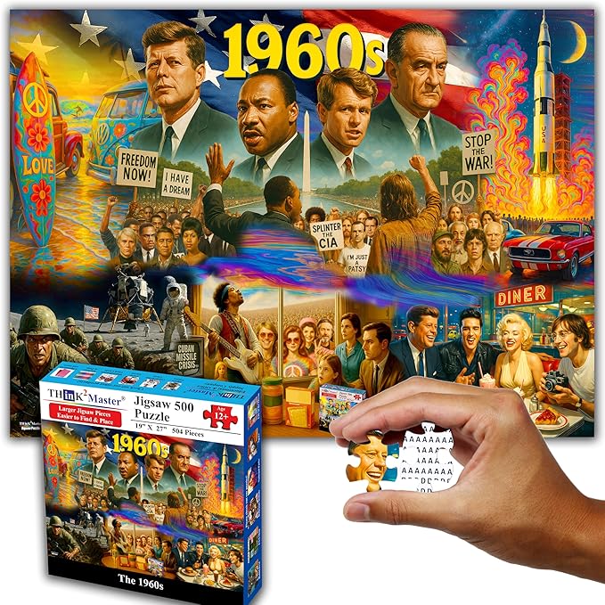 Think2Master 1960s 500 Pieces Very Large Pieces Jigsaw Puzzle: 13+, Teens, Adults & Seniors. Travel Back in Time with The Nostalgic Collage. Great Gift. Size: 26.8” X 18.9”