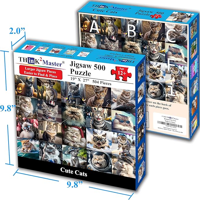 Think2Master Cute Cats 500 Pieces Jigsaw Puzzle Featuring Large Pieces & heartwarming Kittens. for Adults, Seniors & Families. Great Gift 13+ Size: 26.8” x 18.9”