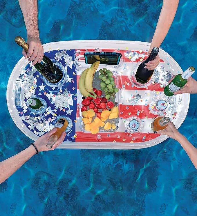 POZA Inflatable USA Pool Float - Luxurious Fun Lounger Filled with Sparkle Silver Stars Confetti, Cool USA Flag Design Water Swimming Pool Floaties for Beach, Lake & Pool