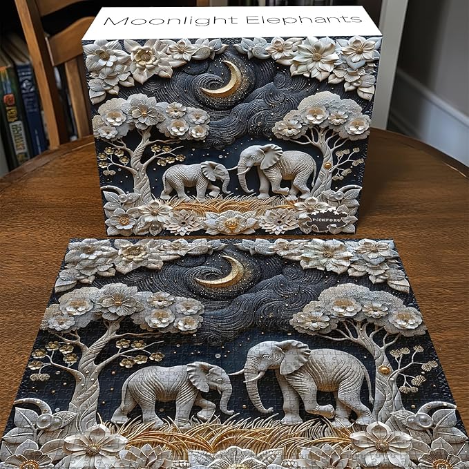Elephants 1000 Piece Puzzle for Adults, PICKFORU Plant Floral Jigsaw Puzzles Night Sky, Hard Difficult Vintage Animals Theme as House Decor