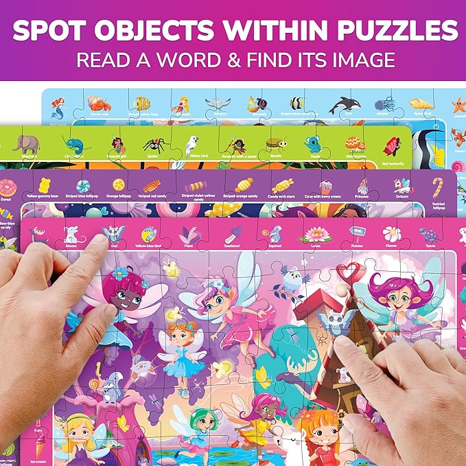 QUOKKA 100 Piece Puzzles for Kids Ages 4-6 – 4 Set Princess Puzzles for Kids Ages 6-8 – Search and Find Game with Unicorn, Mermaid, Fairy for Toddlers 3-5 – Learning Toy Gift for Boys and Girls