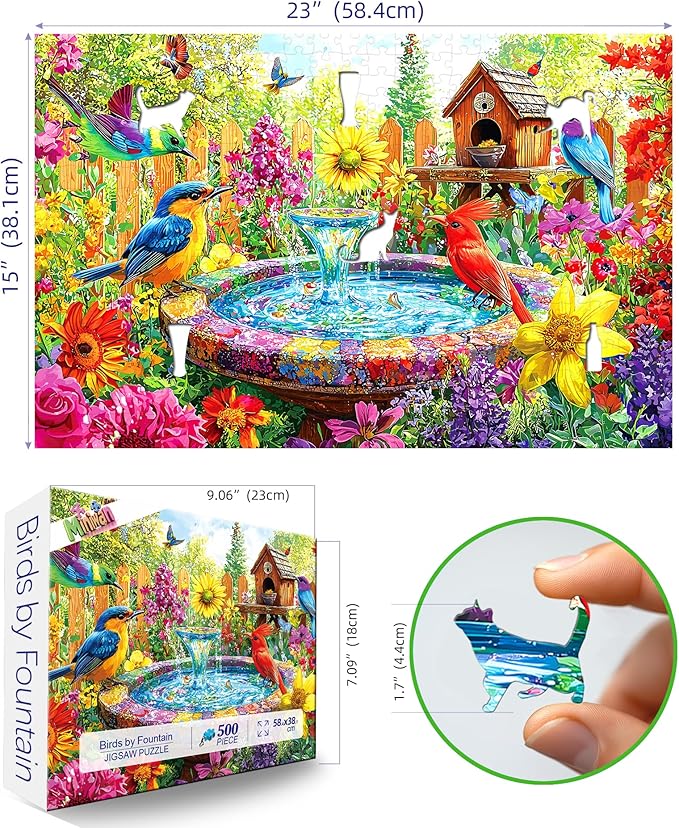 Garden Birds 500 Piece Puzzles for Adults: Vibrant Spring Flower Birdbath Jigsaw Puzzles 500 Pieces, 23x15 Inch 500 Piece Puzzle Adult, Puzzles for Seniors & Adults Entertainment