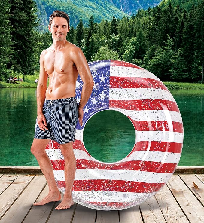 POZA Inflatable USA Pool Float - Luxurious Fun Lounger Filled with Sparkle Silver Stars Confetti, Cool USA Flag Design Water Swimming Pool Floaties for Beach, Lake & Pool