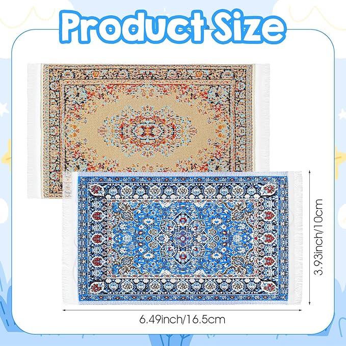Dollhouse Rug 2 PCS Miniature Dollhouse Accessories 1:12 Scale Vintage Doll House Rugs Woven Mini Rug for Dollhouses Furniture Blue & Yellow Floral Print Carpet for Doll House Floor Decor