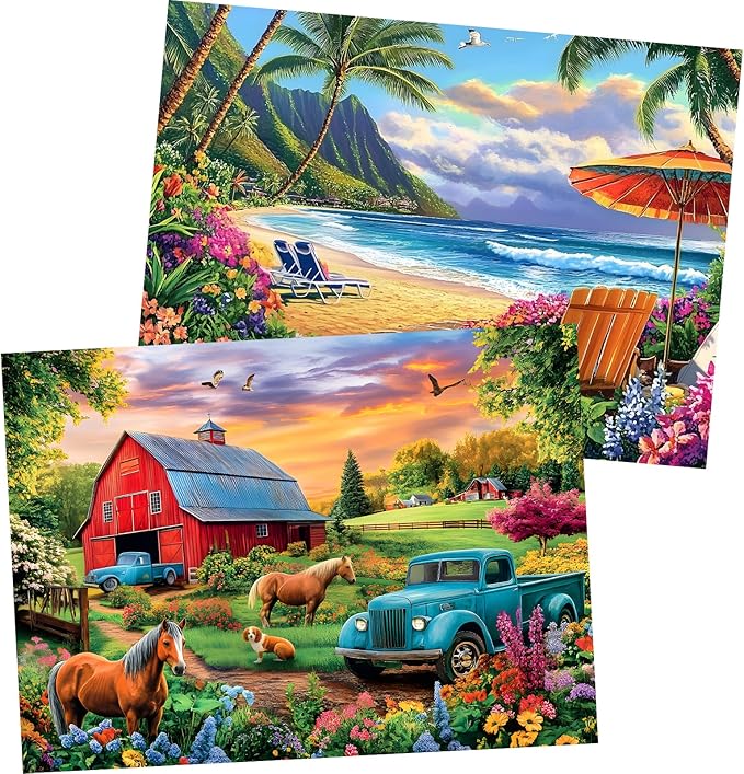 2 Pack 500 Pieces Puzzle for Adults, Beach Farm Puzzle for Adults Seniors, Horse Dog Tractor Flower Jigsaw Puzzles 500 Pieces, No Dust Colorful Challenging Puzzles Game Gift 20.5 * 15