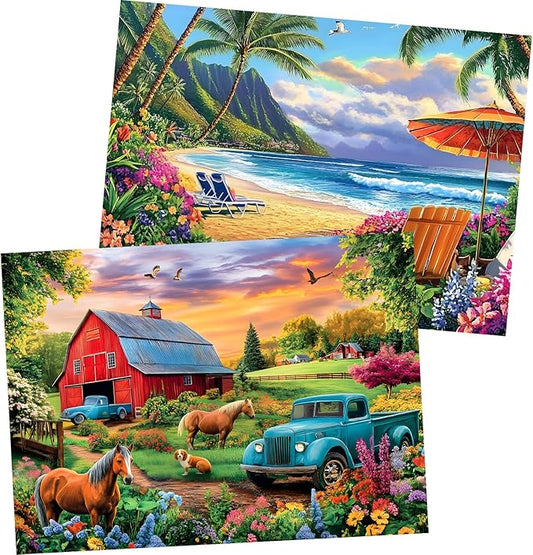 2 Pack 500 Pieces Puzzle for Adults, Beach Farm Puzzle for Adults Seniors, Horse Dog Tractor Flower Jigsaw Puzzles 500 Pieces, No Dust Colorful Challenging Puzzles Game Gift 20.5 * 15