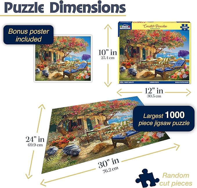 White Mountain 1000 Piece Jigsaw Puzzle Seaside Ocean View Puzzles with Large Pieces for Adults and Family 24"x30" - Coastal Paradise