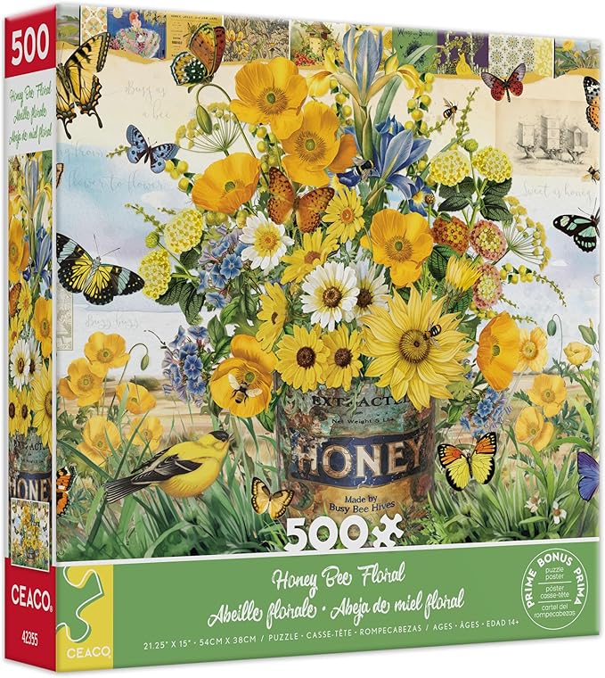 Ceaco - Barbara Anderson - Honey Bee Floral - 500 Piece Jigsaw Puzzle - Relaxing and Fun Activity for Adults