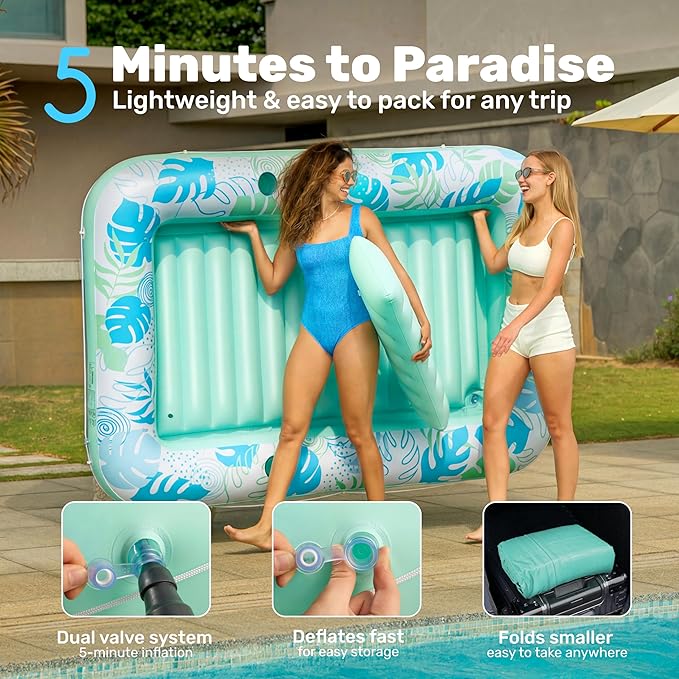 SLOOSH Inflatable Tanning Pool Lounger Float,85" x 57" Extra Large Pool Floats Adult with Pillow,4 in 1 Suntan Tub Raft Floatie,Sunbathing Bed Lounge Blow Up Ball Pit Party Gifts,XL-Cyan White