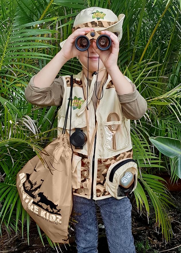 Tan Adventure Kidz Outdoor Exploration Kit, Children’s Binoculars, Flashlight, Compass, Fox Whistle, Magnifying Glass, Backpack. Great Gift Set for STEM, Pretend Play